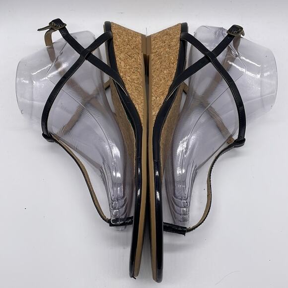 Splendid Black Patent Leather Strappy Cork Wedge Sandals Size 10 - Picture 5 of 10